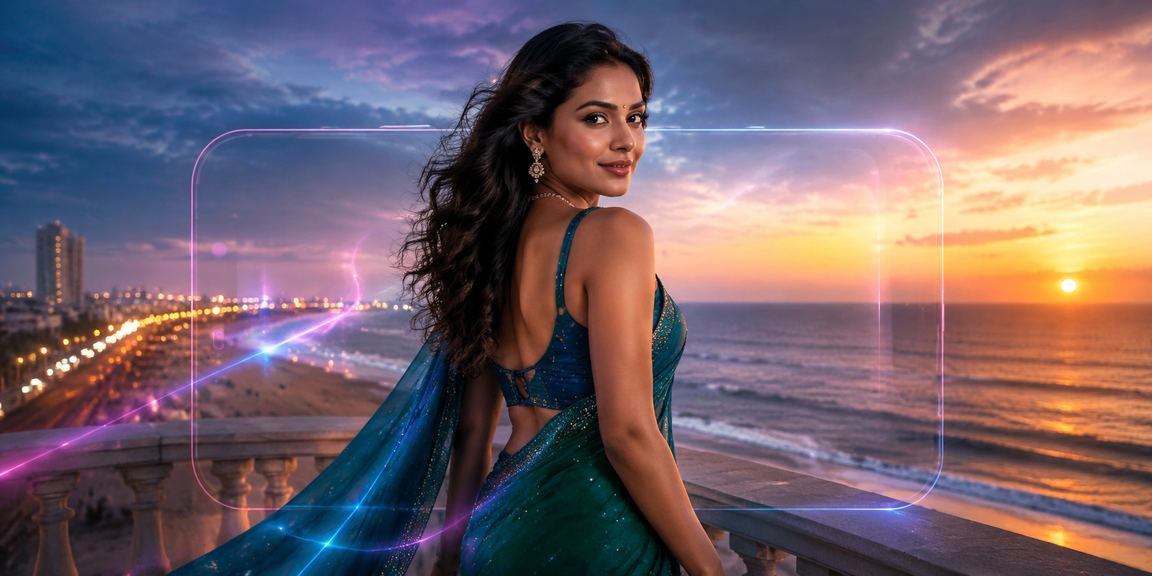 Scenic Chennai Marina Beach with mobile app use